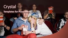  Presentation with movie theater - PPT theme having laugh audience - young scared couple background and a wine colored foreground