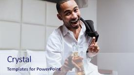  Presentation with hotel - Audience pleasing PPT theme consisting of laughing african man in shirt backdrop and a sky blue colored foreground