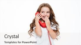  Presentation with red telephone - Slides with children phone - smiling shy little girl laughing background and a sky blue colored foreground