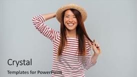 Presentation with asian fitness elderly - PPT theme enhanced with laughing asian woman in sweater background and a light gray colored foreground