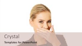  Presentation with mouth - PPT theme enhanced with laughing-businesswoman-covering-her-mouth background and a soft green colored foreground
