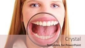  Presentation with magnifying glass - Presentation theme featuring laughing-businesswoman-holds-a-magnifying background and a coral colored foreground