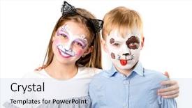  Presentation with white parents and black children - Beautiful slide deck featuring laughing cat - happy children with face paintings backdrop and a light blue colored foreground