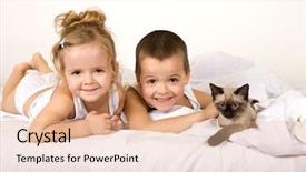  Presentation with well being for kids - Audience pleasing presentation theme consisting of laughing cat - happy kids playing with their backdrop and a  colored foreground
