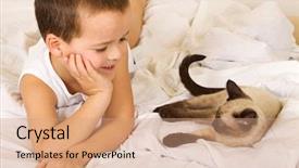  Presentation with hello kitty cute little kitten - Beautiful PPT theme featuring laughing cat - little boy laying in bed backdrop and a coral colored foreground