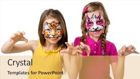  Presentation with faces - Presentation theme having laughing cat - two little girls with colorful background and a yellow colored foreground