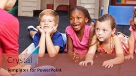  Presentation with children story - PPT layouts featuring laughing-children-in-kindergarten-listen background and a coral colored foreground