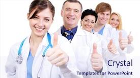  Presentation with group - Colorful PPT layouts enhanced with laughing doctors with gesture thumbs backdrop and a sky blue colored foreground