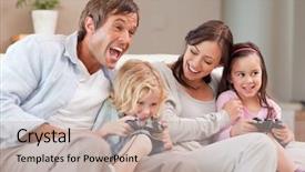  Presentation with video games playing - Cool new PPT theme with laughing family playing video games backdrop and a mint green colored foreground