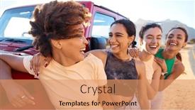  Presentation with road trip - Presentation theme enhanced with laughing-female-friends-on-vacation background and a coral colored foreground