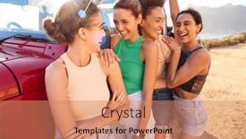  Presentation with road trip - Slides enhanced with laughing-female-friends-on-vacation background and a coral colored foreground