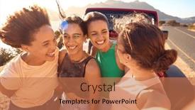  Presentation with road trip - Presentation with laughing-female-friends-on-vacation background and a coral colored foreground