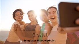  Presentation with road trip - Slide set featuring laughing-female-friends-on-vacation background and a red colored foreground