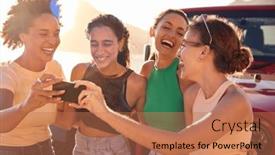  Presentation with road trip - PPT layouts consisting of laughing-female-friends-on-vacation background and a coral colored foreground