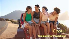  Presentation with road trip - PPT theme enhanced with laughing-female-friends-sitting background and a tawny brown colored foreground