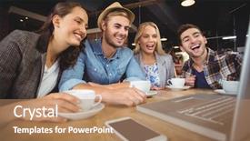  Presentation with coffee shop - Cool new presentation theme with laughing friends looking at laptop backdrop and a  colored foreground