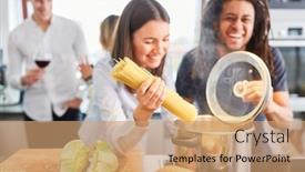  Presentation with spaghetti - Presentation theme featuring laughing-friends-or-couple-cooking background and a coral colored foreground