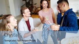  Presentation with friday - Slide deck with laughing friends with homemade drinks having fun on friday party at home background and a light blue colored foreground