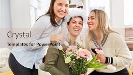  Presentation with hen - PPT theme with laughing-girlfriends-celebrate-with-bride background and a coral colored foreground
