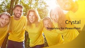  Presentation with team group - Audience pleasing presentation theme consisting of laughing group as a team backdrop and a yellow colored foreground