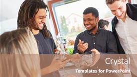  Presentation with friends - Presentation theme with laughing-group-of-friends-drying background and a coral colored foreground