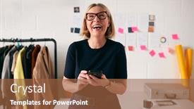  Presentation with front desk - Theme consisting of laughing-mature-businesswoman-with-mobile background and a tawny brown colored foreground