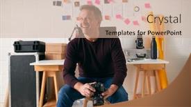  Presentation with front desk - Presentation theme having laughing-mature-male-photographer background and a soft green colored foreground