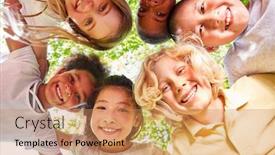  Presentation with multicultural - Audience pleasing PPT theme consisting of laughing-multicultural-kids-in-circle backdrop and a coral colored foreground