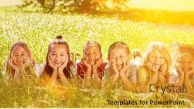  Presentation with multicultural kids - Audience pleasing presentation design consisting of laughing-multicultural-kids-lie-together backdrop and a gold colored foreground