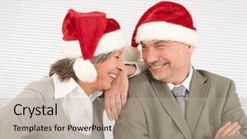  Presentation with fun - Audience pleasing theme consisting of laughing senior businesspeople having fun with xmas santa hat backdrop and a mint green colored foreground