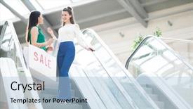  Presentation with female - PPT layouts featuring laughing while moving down escalator background and a  colored foreground