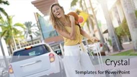  Presentation with simple and elegant - PPT theme featuring laughing whilst waiting for cab background and a  colored foreground