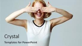  Presentation with blue eyes technology close up - PPT theme with laughing woman closing her eye background and a  colored foreground