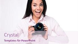  Presentation with camera - Cool new presentation theme with laughing-woman-photographer-with-camera backdrop and a sky blue colored foreground