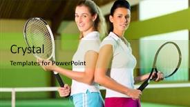  Presentation with look forward - Colorful PPT layouts enhanced with laughing women look forward to playing tennis in court backdrop and a yellow colored foreground