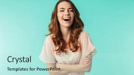  Presentation with blue - Theme enhanced with laughing young girl in dress background and a  colored foreground