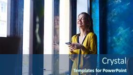  Presentation with atmosphere - Cool new PPT theme with laughing-young-girl-with-telephone backdrop and a ocean colored foreground