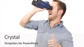  Presentation with binocular - PPT theme featuring glimpse - laughing young man looking background and a white colored foreground