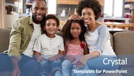  Presentation with family - Beautiful PPT layouts featuring laughter - portrait of happy family sitting backdrop and a teal colored foreground