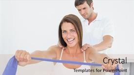  Presentation with exercises - Presentation theme consisting of laughter yoga - male therapist assisting young woman background and a coral colored foreground