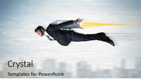  Presentation with business jet - Cool new PPT layouts with launch draw - superhero business man flying backdrop and a light gray colored foreground