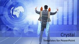  Presentation with business jet - PPT theme featuring launcher - man with jet pack background and a light blue colored foreground