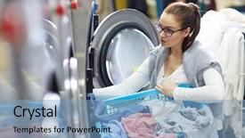  Presentation with machine - PPT theme having laundromat - girl by washing-machine background and a light blue colored foreground