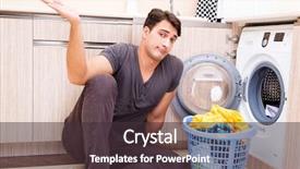  Presentation with laundry - Slide deck enhanced with laundromat - young husband man doing laundry background and a tawny brown colored foreground