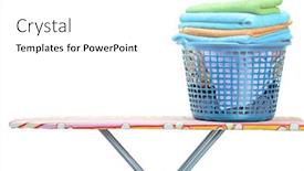  Presentation with ironing - Beautiful PPT theme featuring laundry basket full of clothes on ironing board isolated on white background backdrop and a white colored foreground