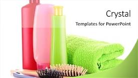  Presentation with hair shampoo - Presentation theme having laundry care products - shampoo bottles and hair brush background and a white colored foreground
