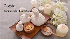  Presentation with spoon - Slide set having laundry care products - spa setting with candle salt background and a  colored foreground