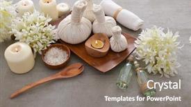  Presentation with oil products - PPT layouts consisting of laundry care products - spa setting with candle salt background and a gray colored foreground