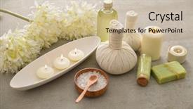  Presentation with candle - Theme with laundry care products - spa setting with candle salt background and a  colored foreground