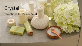  Presentation with bowl of aroma spa - Slide deck with laundry care products - spa setting with candle salt background and a  colored foreground